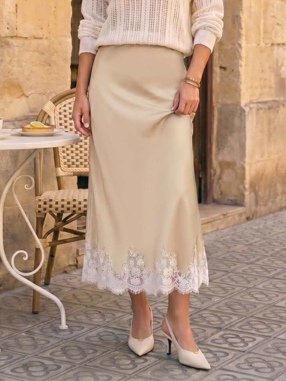High Waisted Satin Midi Skirt with Lace Trim - Elegant Long Skirt for Women - Picture 2 of 6